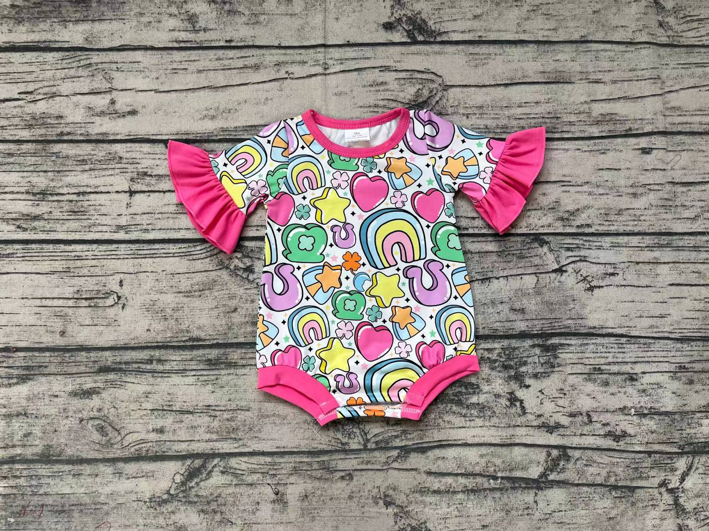 Baby Girls Pink St Patrick Day Rainbow Short Sleeve Rompers