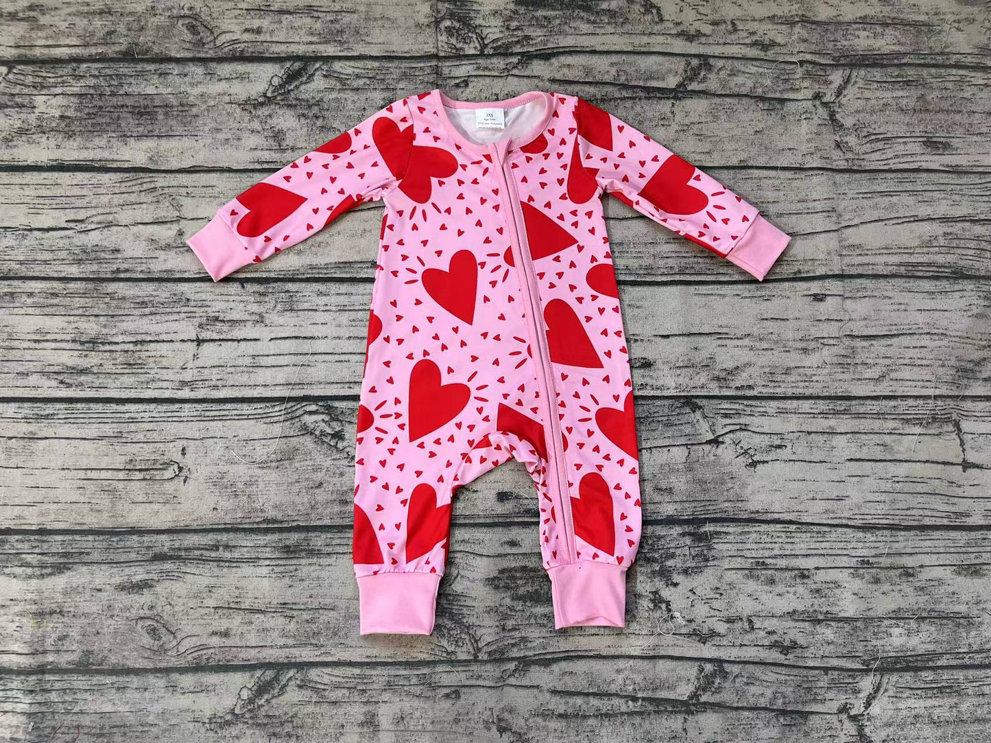 Baby Infant Girls Valentines Pink Red Hearts Zip Long Sleeve Rompers