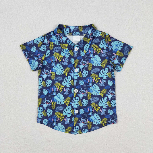 Baby Boys Blue Cartoon Animal Short Sleeve Buttons Tee Shirts Tops