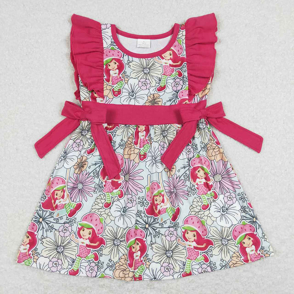 Baby Girls Spring Strawberry Bows Flutter Sleeve Knee Length Dresses