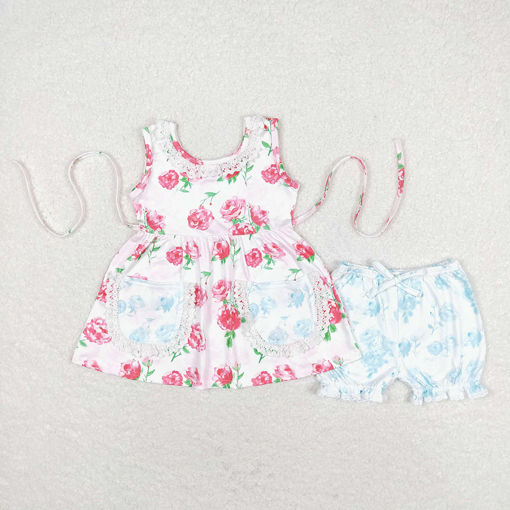 Baby Girls Pink Flowers Sleeveless Tunic Top Ruffle Shorts Clothes Sets