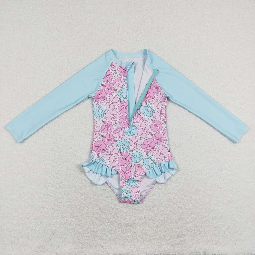 Baby Girls Summer Pink Flowers Long Sleeve Swimsuits