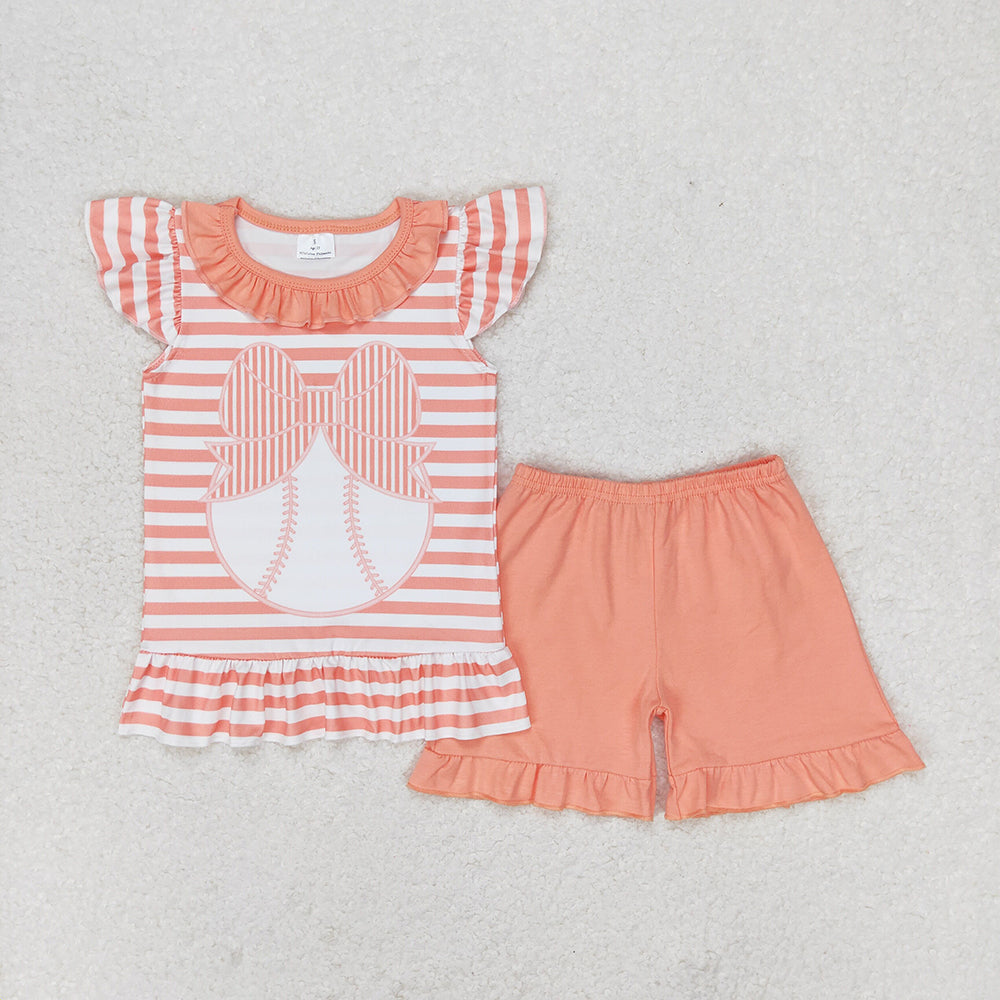 Baby Girls Baseball Bow Flutter Sleeve Top Ruffle Shorts Clothes Sets
