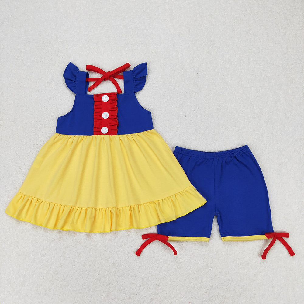 Baby Girls Blue Yellow Princess Flutter Sleeve Tunic Top Shorts Clothes Sets