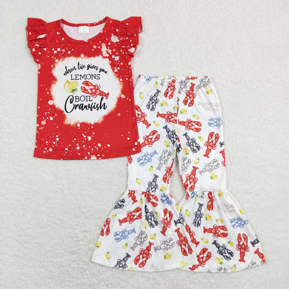 Baby Girls Crawfish Lemons Flutter Sleeve Tee Bell Pants Clothes Sets