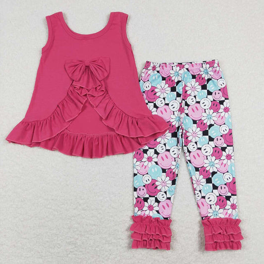 Baby Girls Hotpink Bow Tunic Top Smile Flowers Icing Ruffle Pants Clothes Sets