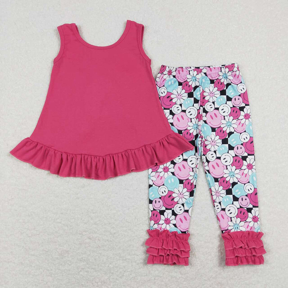 Baby Girls Hotpink Bow Tunic Top Smile Flowers Icing Ruffle Pants Clothes Sets