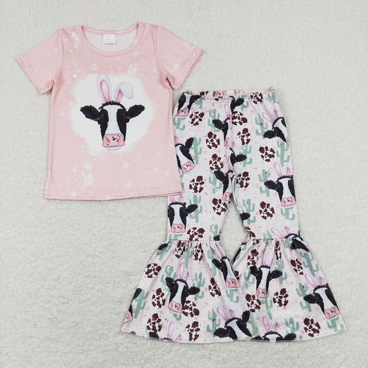 Baby Girls Easter Western Cow Ears Cactus Tee Shirts Top Bell Bottom Pants Clothes Sets