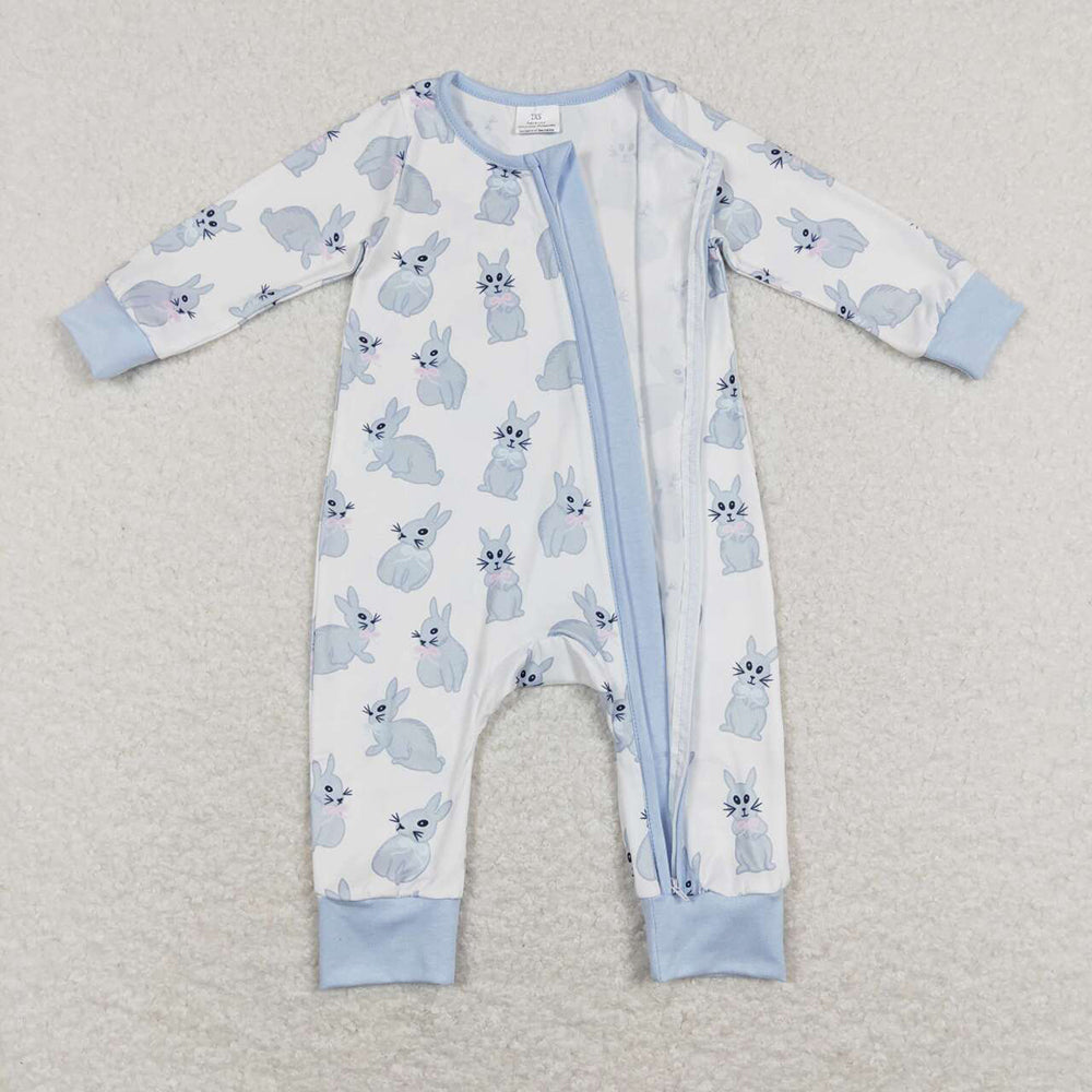 Baby Infant Boys Easter Rabbits Blue Zip Rompers