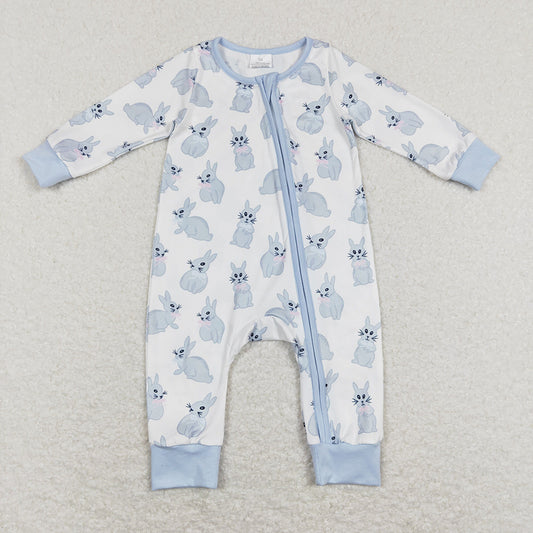 Baby Infant Boys Easter Rabbits Blue Zip Rompers