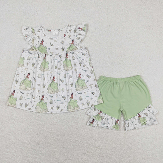 Baby Girls Green Princess Frog Tunic Ruffle Shorts Clothes Sets