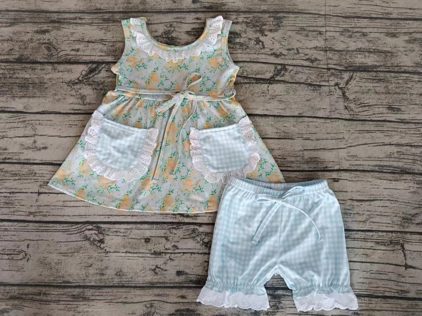 Baby Girls Yellow Flowers Ruffle Pockets Tunic Top Shorts Sets preorder (moq 5)