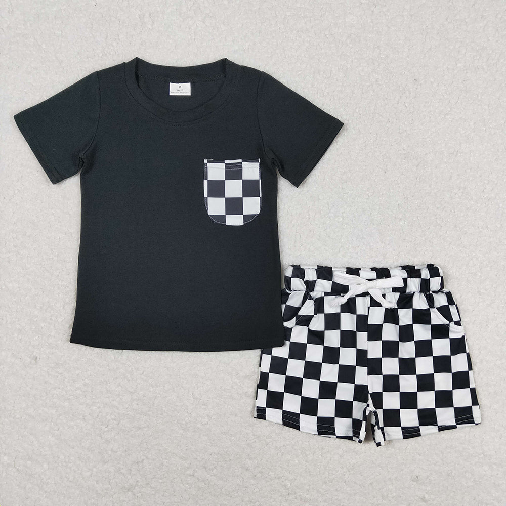 Baby Boys Black Shirt Top Checkered Shorts Clothes Sets