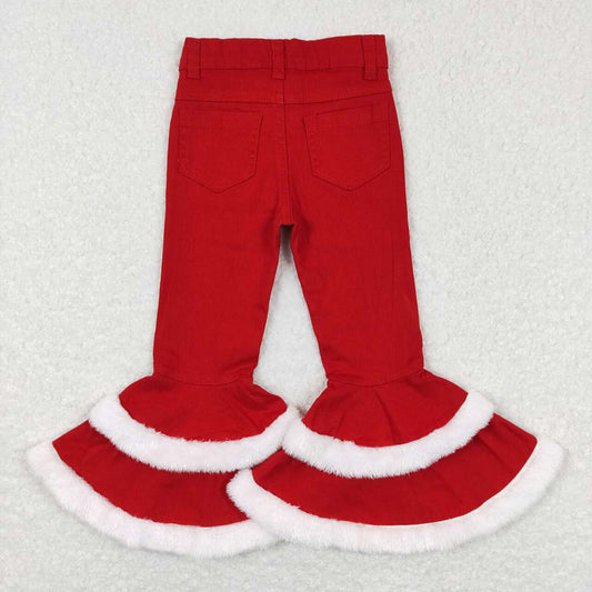 Baby Girls Red Distressed Fur Bell Denim Pants