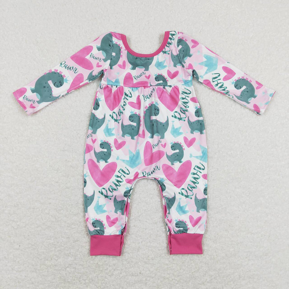 Baby Infant Girls Pink Hearts Valentines Dinosaurs Rompers