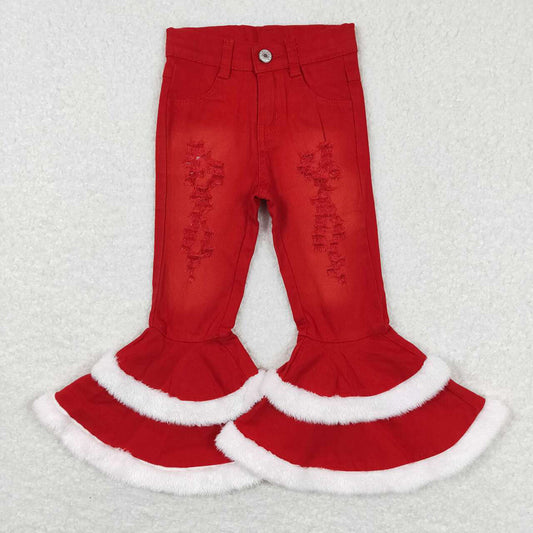 Baby Girls Red Distressed Fur Bell Denim Pants