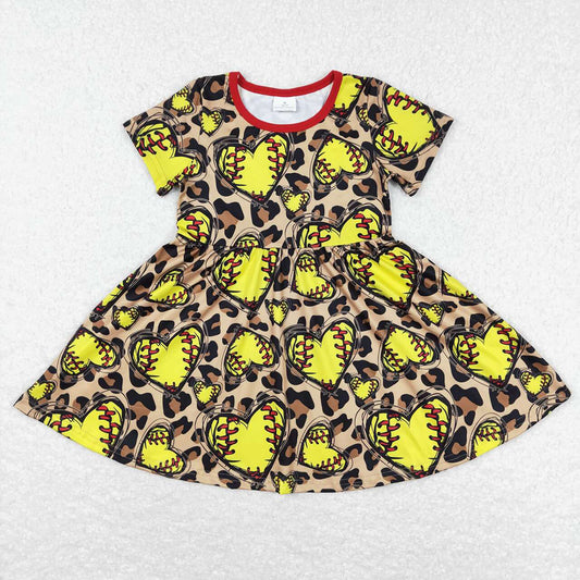 Baby Girls Softball Short Sleeve Leopard Knee Length Dresses