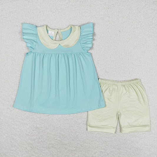 Baby Girls Green Flutter Sleeve Ruffle Tunic Shorts Clothes Sets