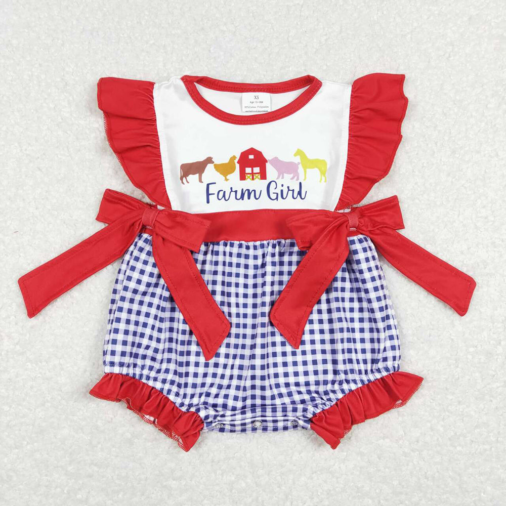 Baby Infant Girls Farm Red Bows Flutter Sleeve Rompers