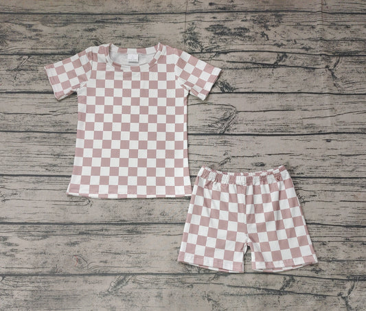 Baby Kids Khaki Checkered Summer Shorts Pajamas Clothes Sets