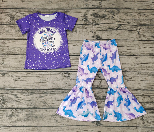 Baby Girls Purple Dinosaur Short Sleeve Tee Shirts Bell Pants Clothes Sets