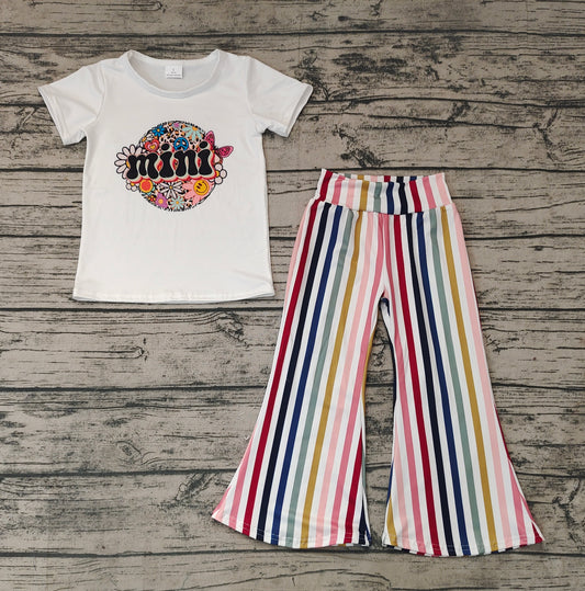 Baby Girls Mini Flowers White Top Stripes Flare Pants Clothes Sets