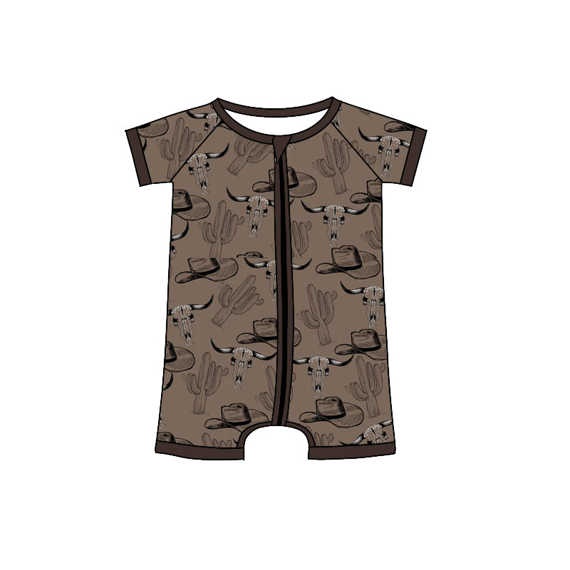 Baby Toddler Boys Western Cow Skull Short Sleeve Zip Rompers preorder(moq 5)