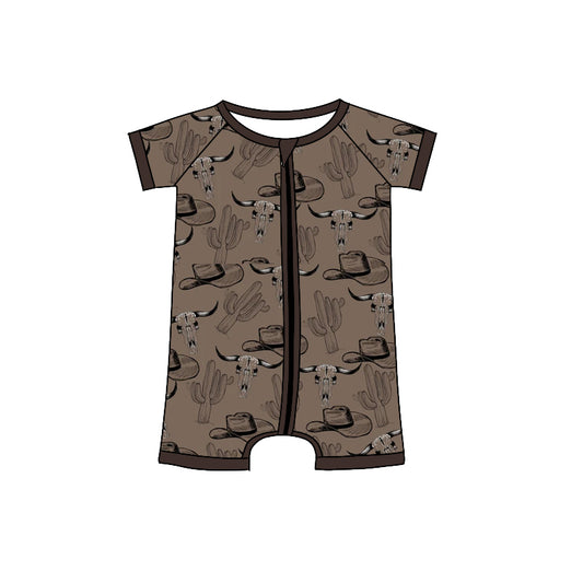 Baby Toddler Boys Western Cow Skull Short Sleeve Zip Rompers preorder(moq 5)