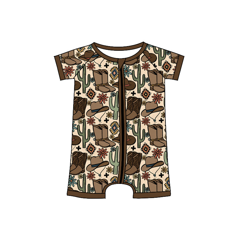 Baby Toddler Boys Western Boots Cactus Short Sleeve Zip Rompers preorder(moq 5)