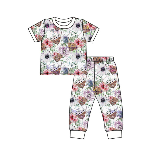 Baby Girls Western Highland Cow Flowers Short Sleeve Tops Pants Pajamas Clothes Outfits Sets preorder(moq 5)