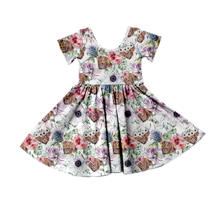 Baby Girls Western Highland Cow Flowers Short Sleeve Twirl Dresses preorder(moq 5)