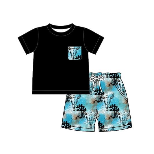 Baby Boys Western Pocket Shirt Cow Blue Shorts Clothes Outfits Sets preorder(moq 5)