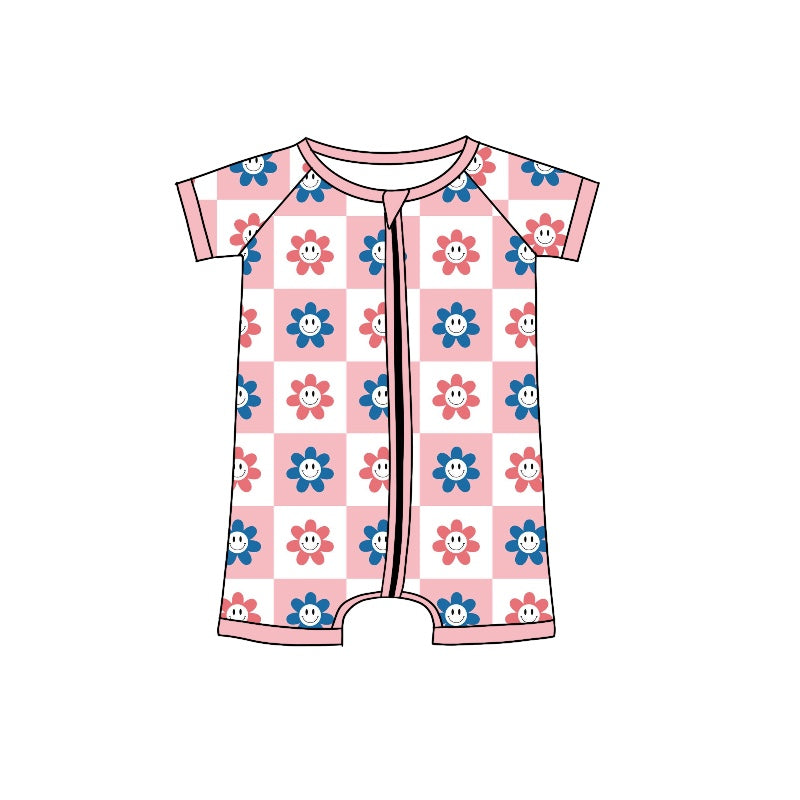 Baby Toddler Girls 4th Of July Pink Flowers Short Sleeve Zip Rompers preorder(moq 5)