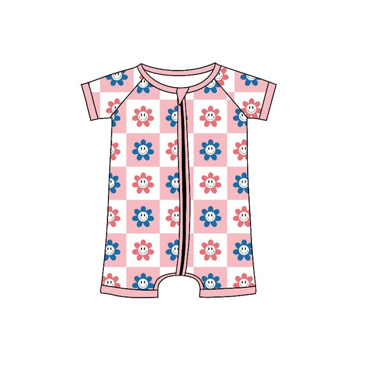 Baby Toddler Girls 4th Of July Pink Flowers Short Sleeve Zip Rompers preorder(moq 5)