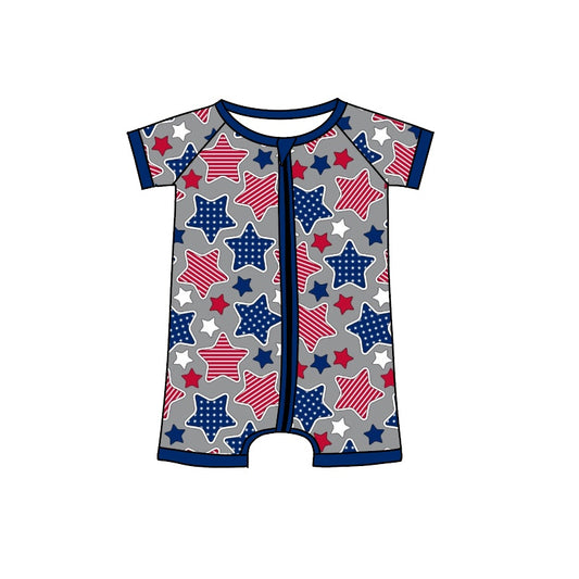 Baby Toddler Boys 4th Of July Stars Blue Short Sleeve Zip Rompers preorder(moq 5)