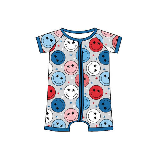 Baby Toddler Boys 4th Of July Smile Blue Short Sleeve Zip Rompers preorder(moq 5)