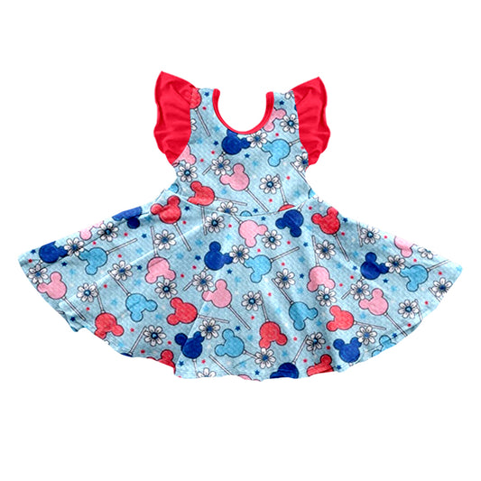 Baby Girls 4th Of July Flowers Cartoon Flutter Sleeve Twirl Dresses preorder(moq 5)