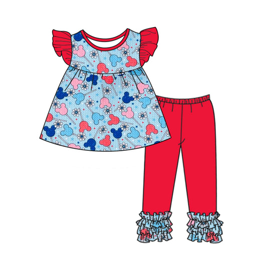 Baby Girls Flutter Sleeve 4th Of July Cartoon Tops Legging Pants Clothes Outfits Sets preorder(moq 5)