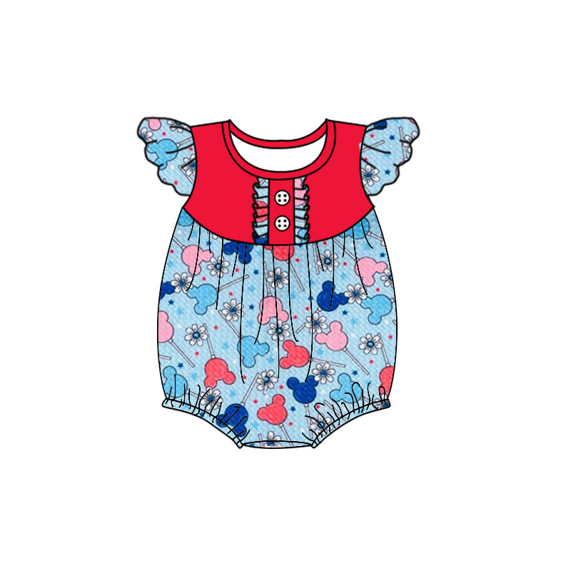 Baby Toddler Girls 4th Of July Flutter Sleeve Cartoon Flowers Rompers preorder(moq 5)