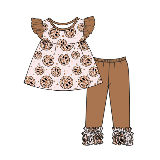 Baby Girls Flutter Sleeve Smile Brown Tops Legging Pants Clothes Outfits Sets preorder(moq 5)