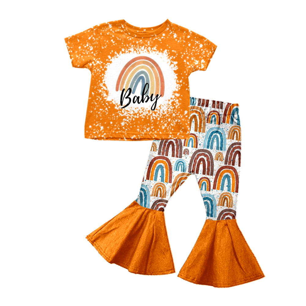 Baby Girls Rainbow Orange Tops Flare Pants Clothes Outfits Sets preorder(moq 5)