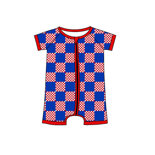 Baby Toddler Girls 4th Of July Red Blue Square Short Sleeve Zip Rompers preorder(moq 5)