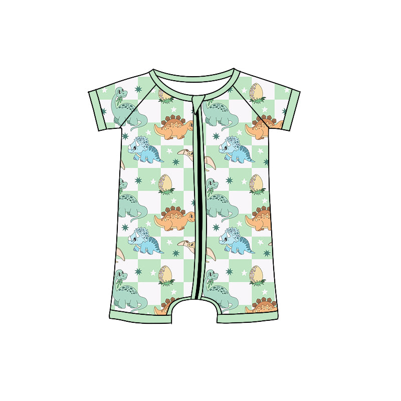 Baby Toddler Boys Green Checkered Dinosaur Short Sleeve Zip Rompers preorder(moq 5)