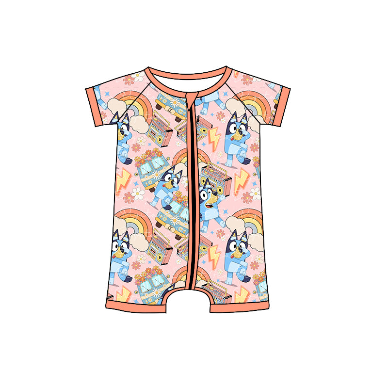 Baby Toddler Girls Pink Dog Rainbow Short Sleeve Zip Rompers preorder(moq 5)