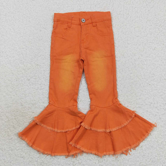 Baby Girls Orange Blached Double Ruffle Denim Jeans Pants