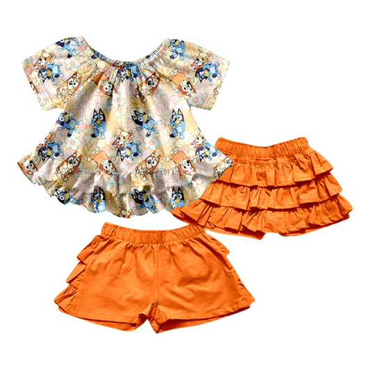 Baby Girls Orange Dog Tops Ruffle Shorts Clothes Outfits Sets preorder(moq 5)