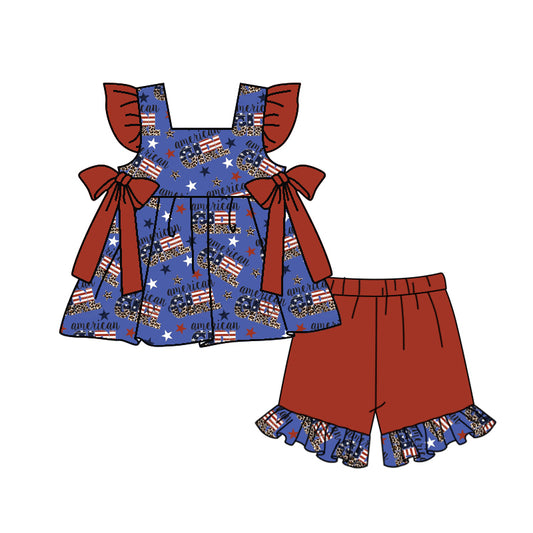 Baby Girls 4th Of July Flag Bows Tunic Shorts Outfits Sets preorder(moq 5)