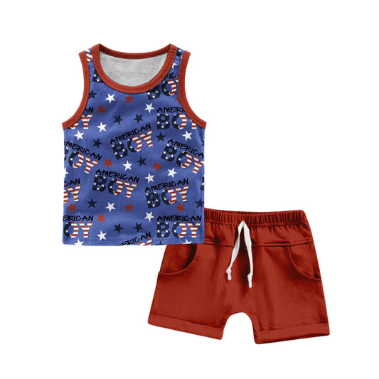 Baby Boys 4th Of July Flag Sleeveless Shirt Shorts Outfits Sets preorder(moq 5)