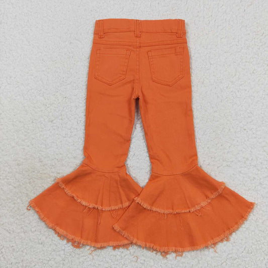 Baby Girls Orange Blached Double Ruffle Denim Jeans Pants