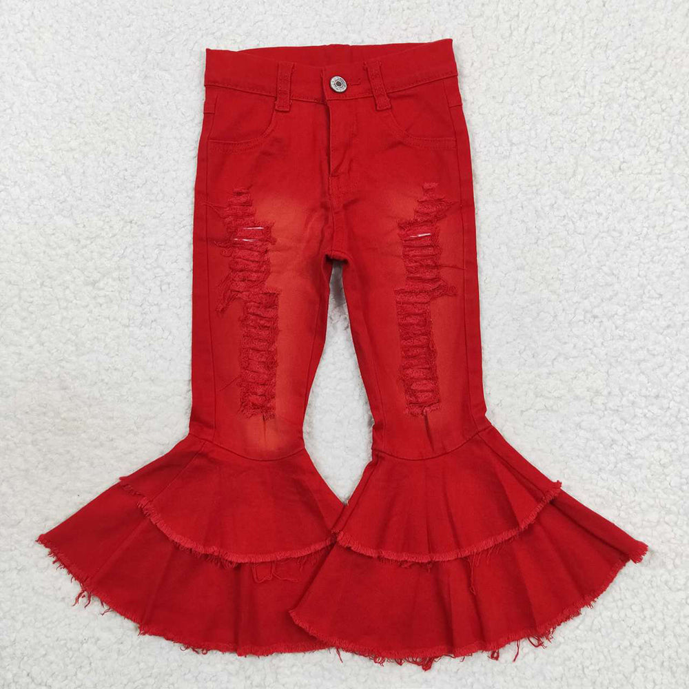 Baby Girls Red Distressed Denim Double Ruffle Bell Pants